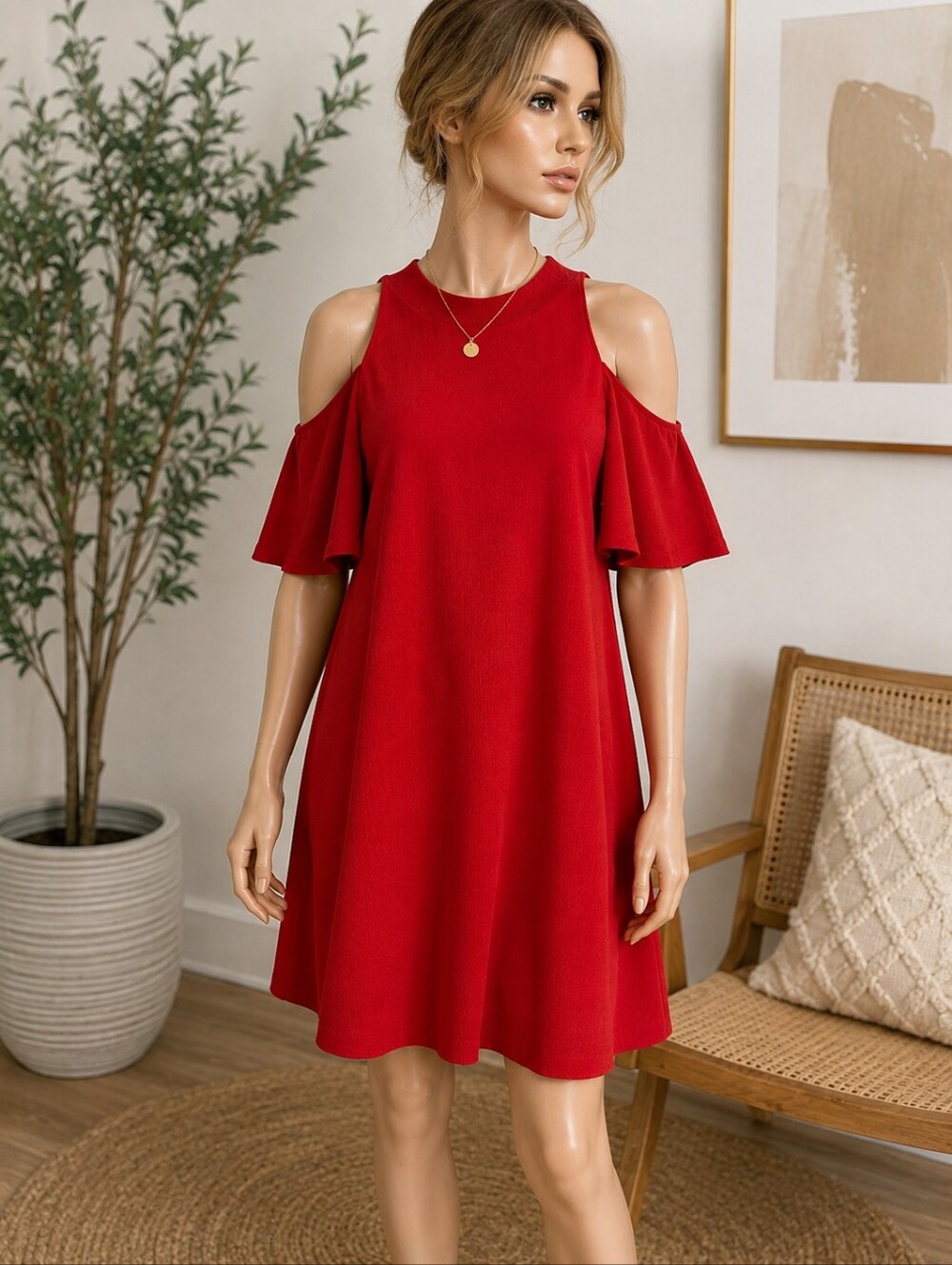 Zara Red Cold-Shoulder A-Line Mini Dress